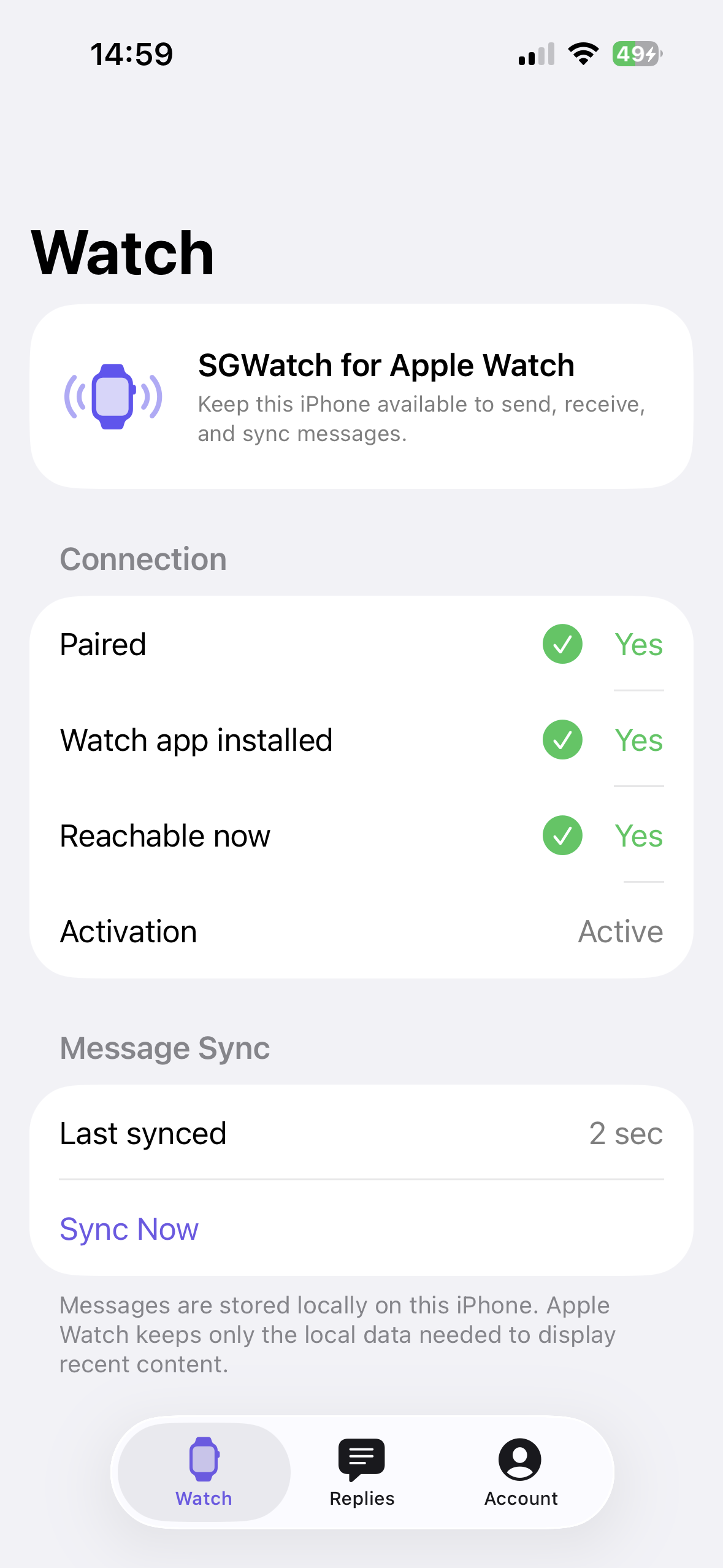 SGWatch connection status on iPhone